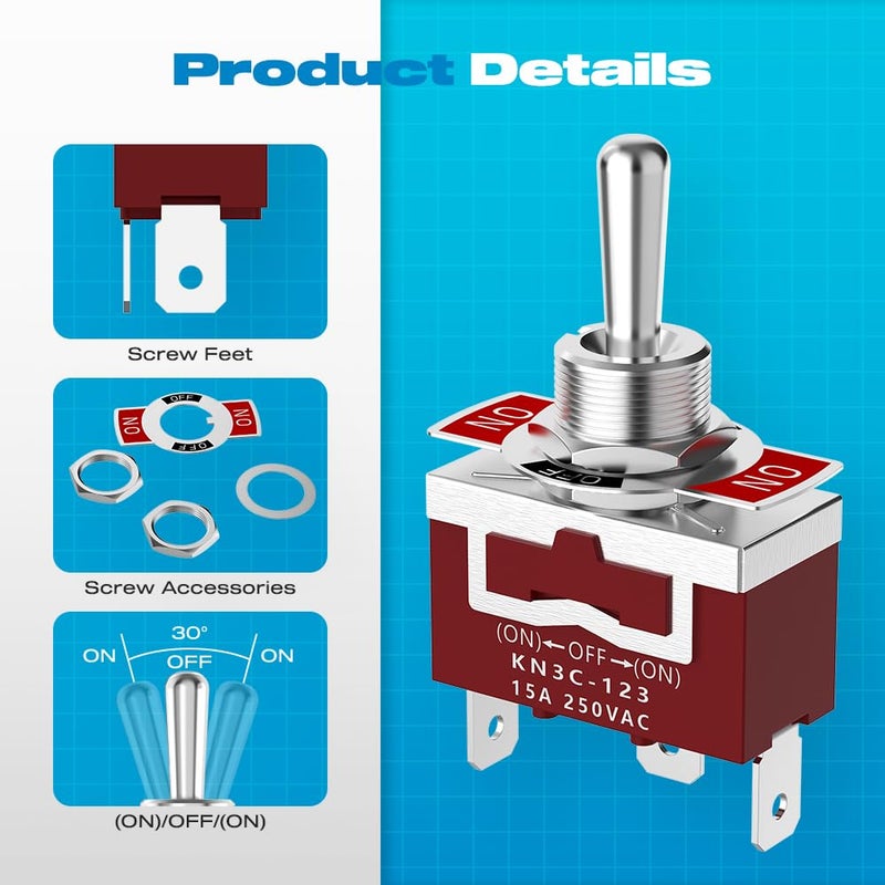 Malictele Momentary Toggle Switch, SPDT 3Pin (ON)-Off-(ON) Marine Toggle Switch 12VDC 30A/250VAC 15A Heavy Duty 3 Way with Waterproof Cap for Auto Car Boat- 4 Pack - Image 4